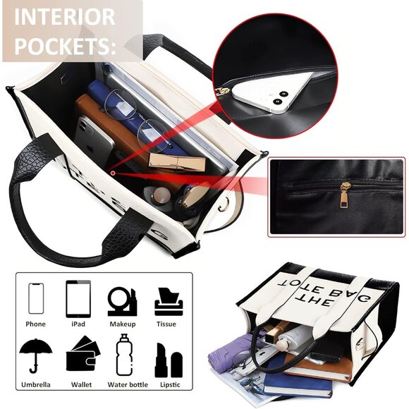 Women Pu-black & White Personalized Canvas With Zipper Top-handle Tote Handbag - Picture 4 of 6